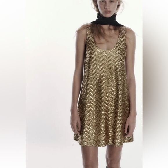 NWT ZARA Gold Sequin Sparkling Mini Dress Short Sleeveless Sack Round Neck - Picture 7 of 15